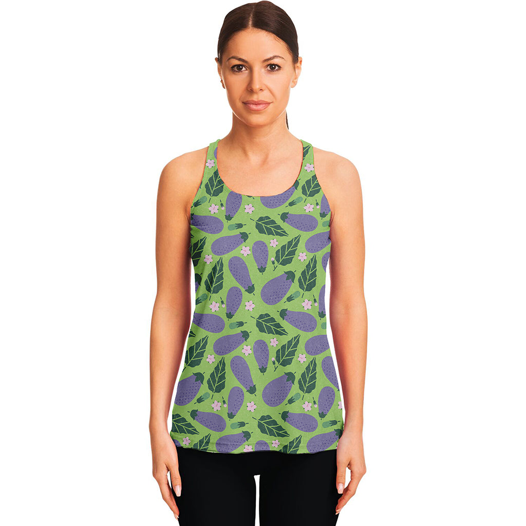 Eggplant With Leaves And Flowers Print Women's Racerback Tank Top