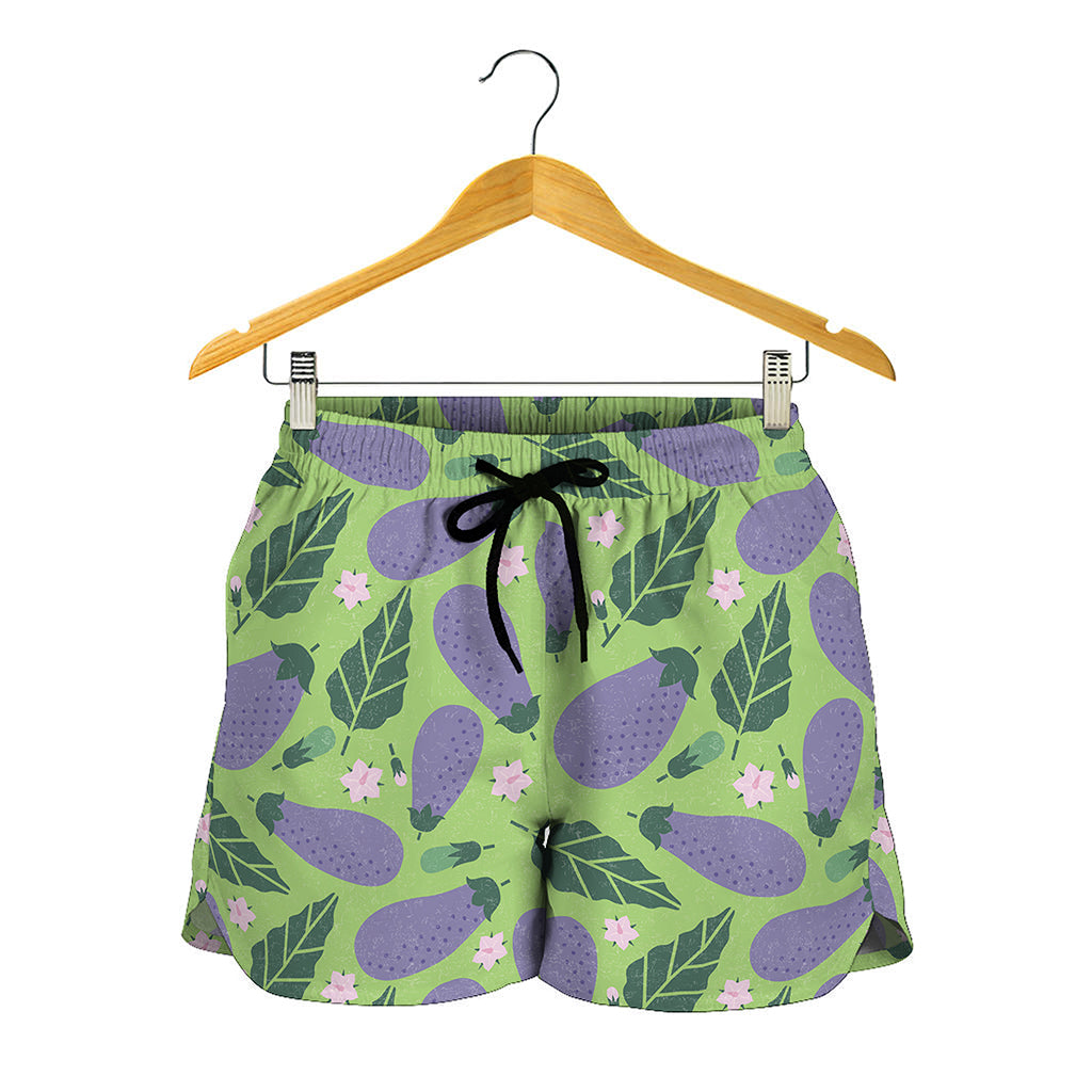 Eggplant With Leaves And Flowers Print Women's Shorts