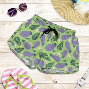 Eggplant With Leaves And Flowers Print Women's Shorts