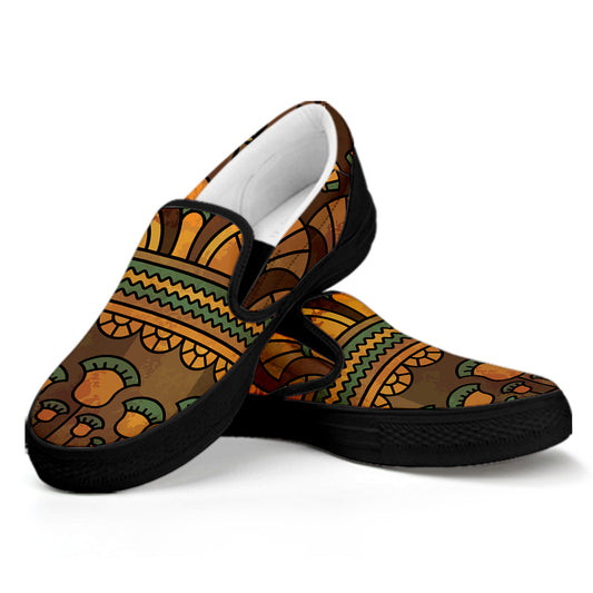Egyptian Ethnic Pattern Print Black Slip On Shoes