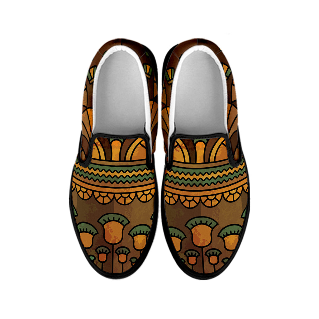 Egyptian Ethnic Pattern Print Black Slip On Shoes