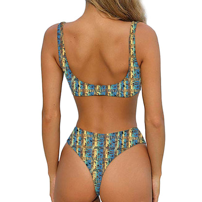 Egyptian Eye Of Horus Pattern Print Front Bow Tie Bikini