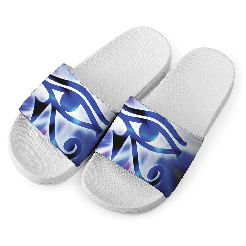 Egyptian Eye Of Horus Print White Slide Sandals