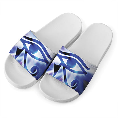 Egyptian Eye Of Horus Print White Slide Sandals