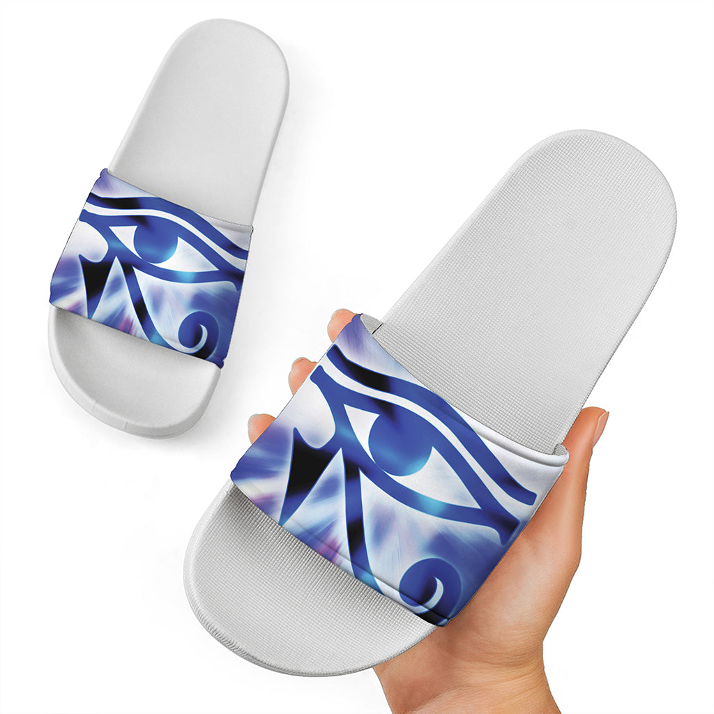 Egyptian Eye Of Horus Print White Slide Sandals