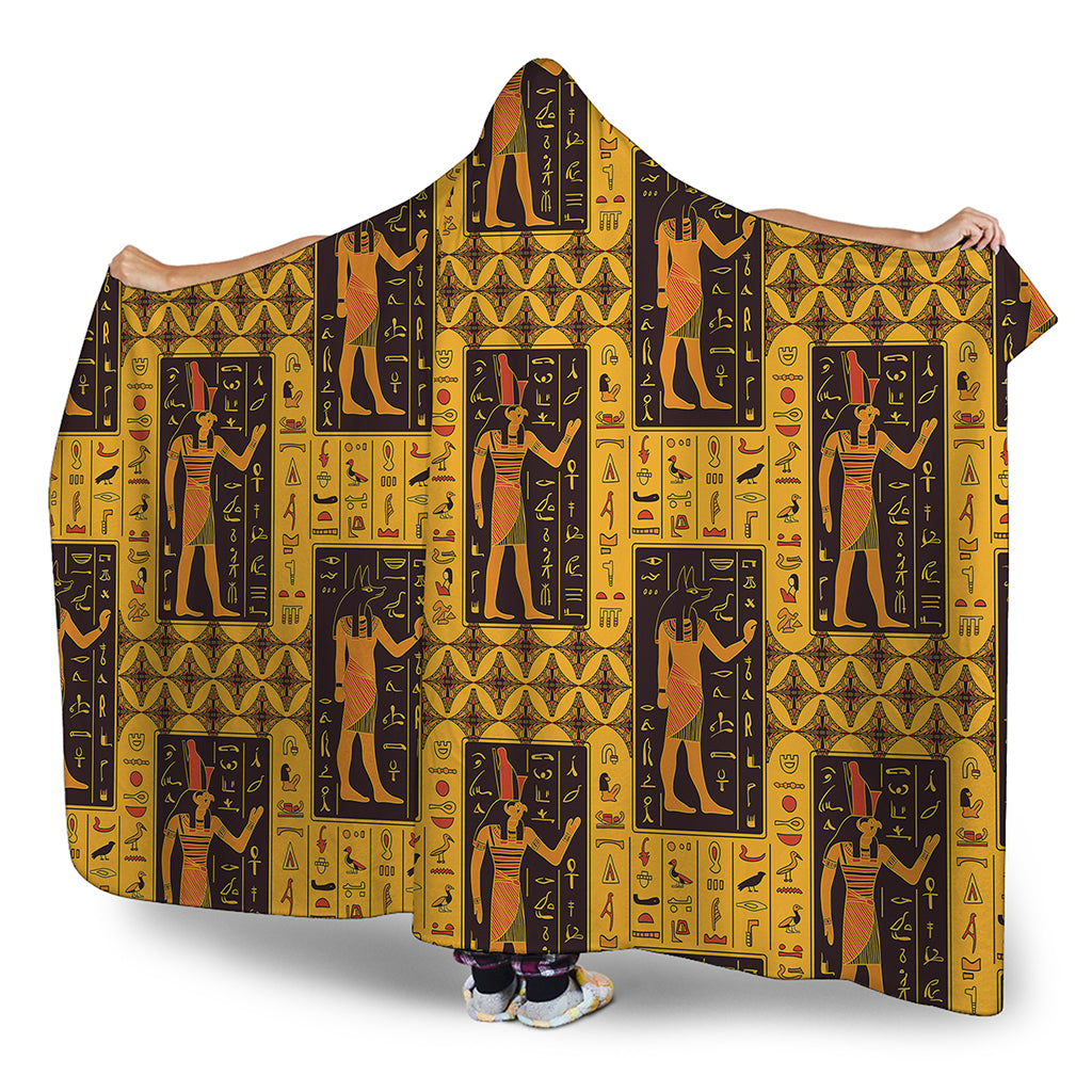 Egyptian Gods And Hieroglyphs Print Hooded Blanket