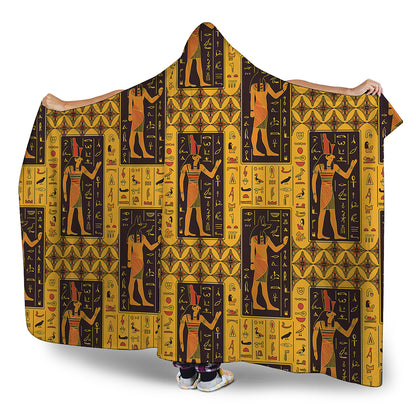 Egyptian Gods And Hieroglyphs Print Hooded Blanket