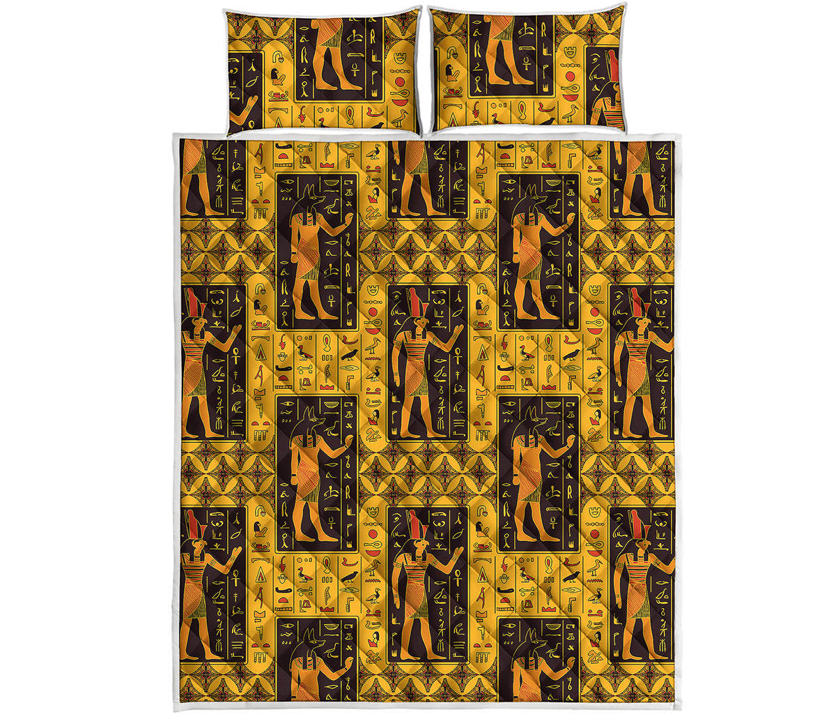 Egyptian Gods And Hieroglyphs Print Quilt Bed Set