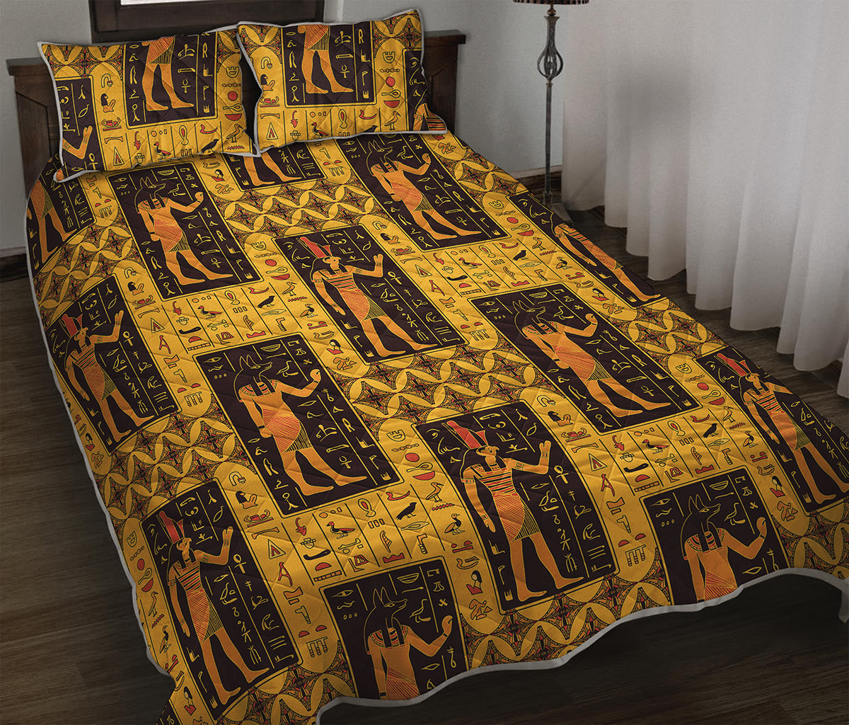 Egyptian Gods And Hieroglyphs Print Quilt Bed Set