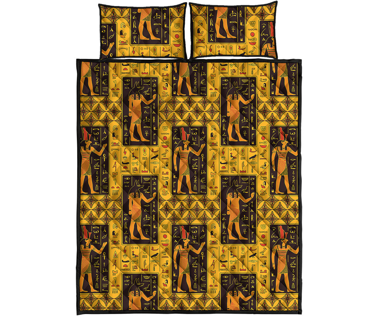 Egyptian Gods And Hieroglyphs Print Quilt Bed Set