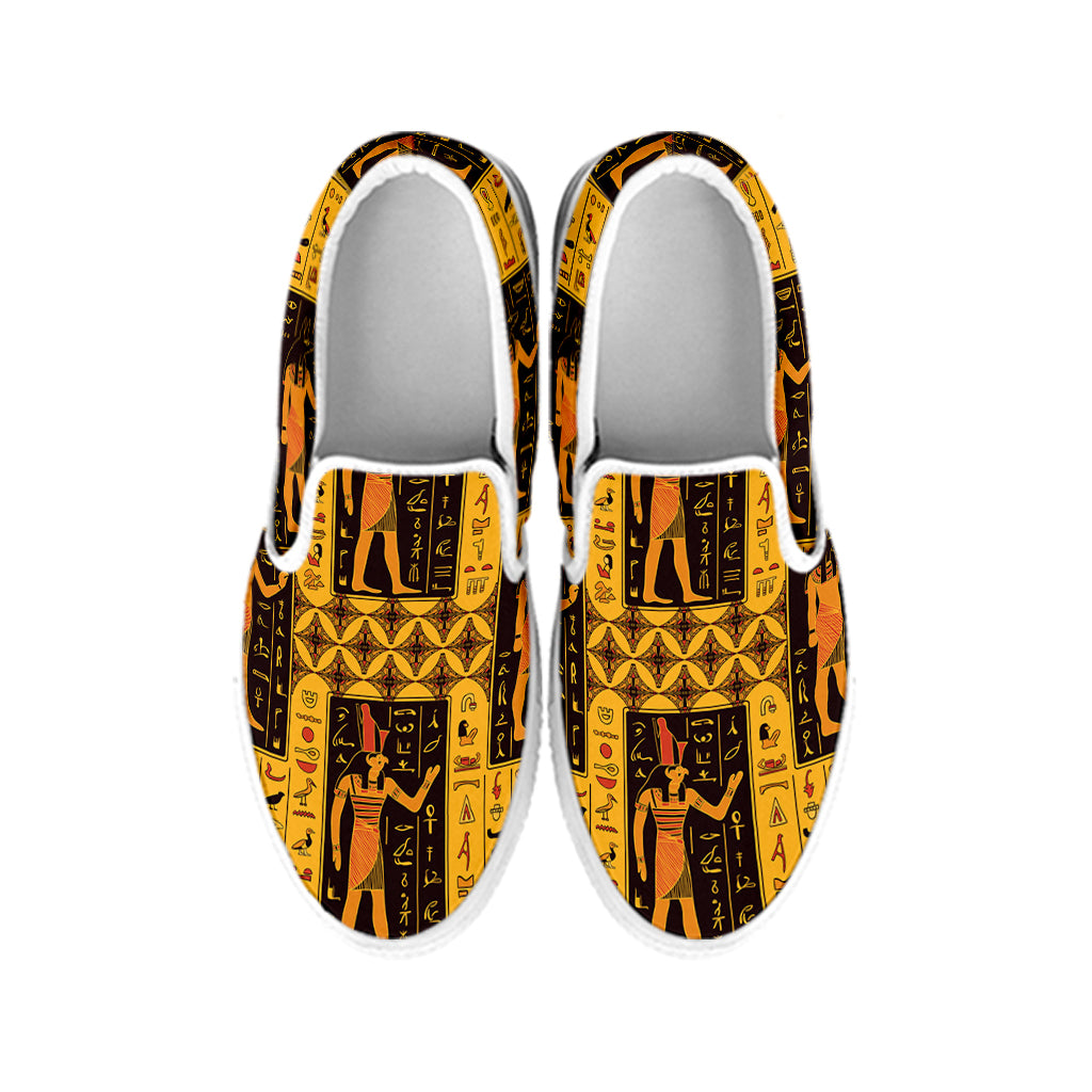 Egyptian Gods And Hieroglyphs Print White Slip On Shoes