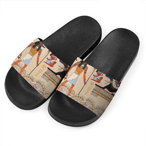 Egyptian Gods And Pharaohs Print Black Slide Sandals