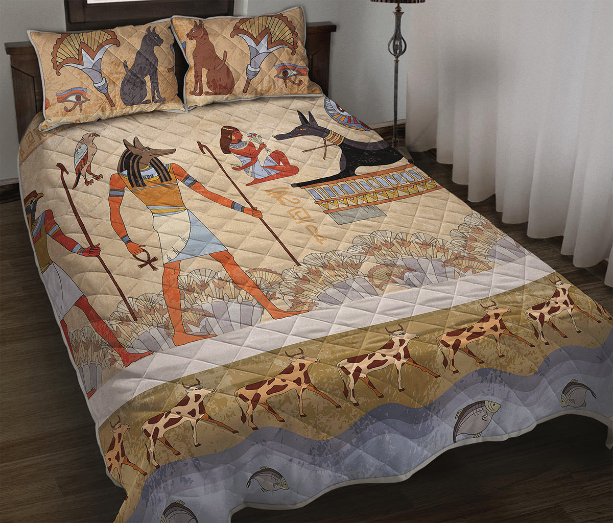 Egyptian Gods And Pharaohs Print Quilt Bed Set