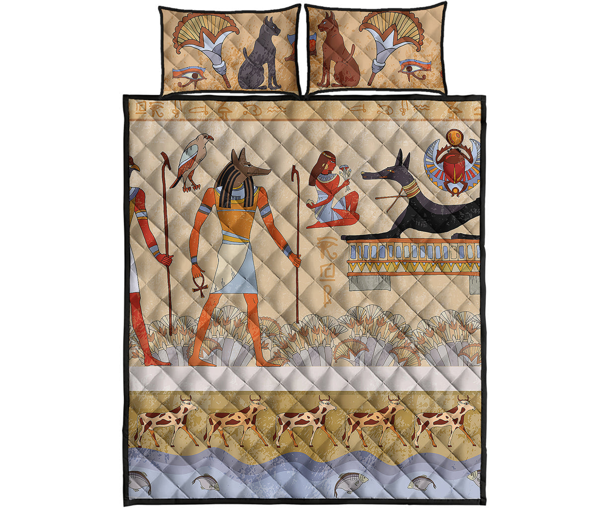Egyptian Gods And Pharaohs Print Quilt Bed Set