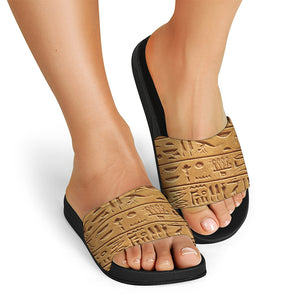 Egyptian Hieroglyphs Print Black Slide Sandals