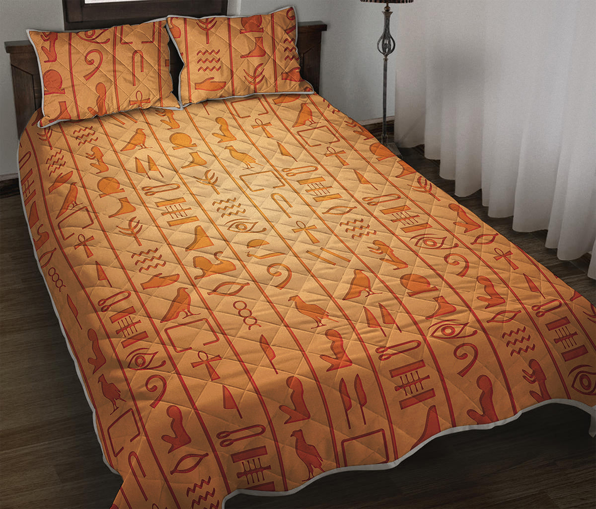 Egyptian Hieroglyphs Symbol Print Quilt Bed Set