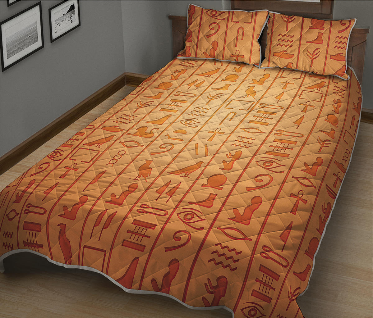 Egyptian Hieroglyphs Symbol Print Quilt Bed Set