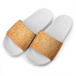 Egyptian Hieroglyphs Symbol Print White Slide Sandals