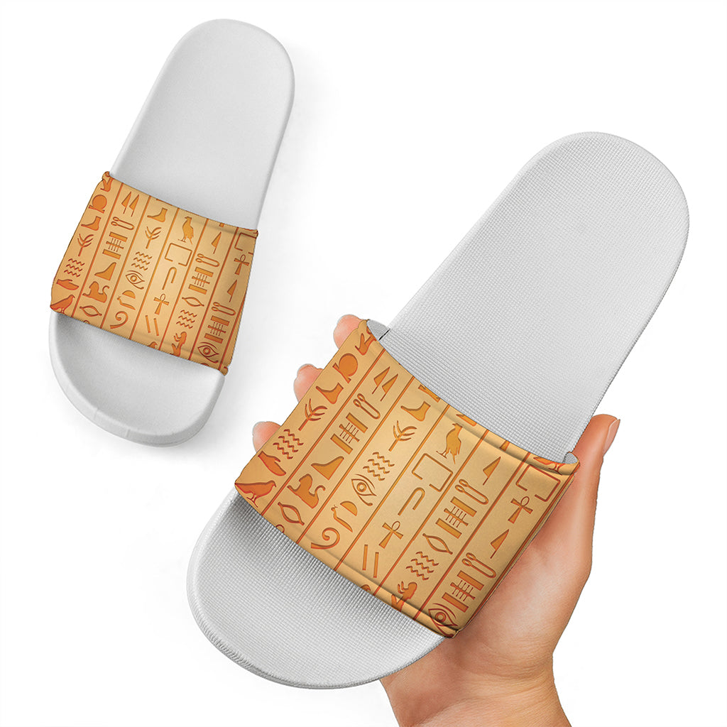 Egyptian Hieroglyphs Symbol Print White Slide Sandals