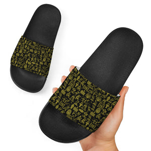 Egyptian Symbols Pattern Print Black Slide Sandals