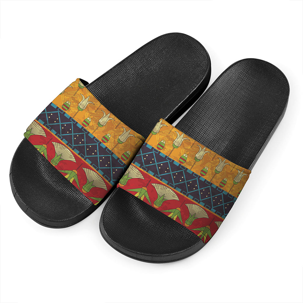 Egyptian Tribal Pattern Print Black Slide Sandals