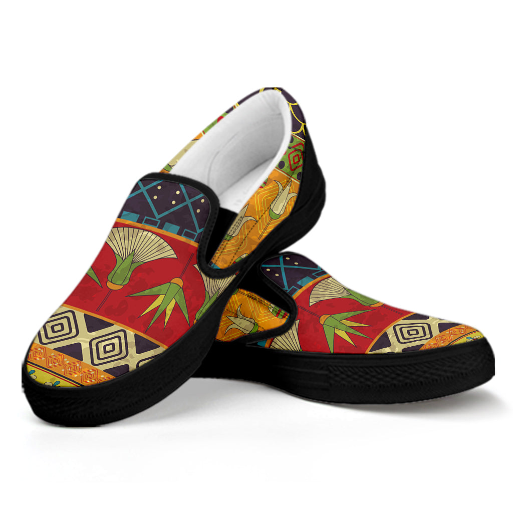 Egyptian Tribal Pattern Print Black Slip On Shoes