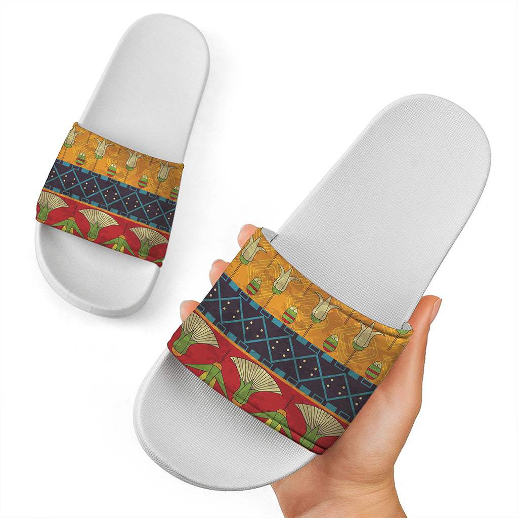 Egyptian Tribal Pattern Print White Slide Sandals