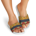 Egyptian Tribal Pattern Print White Slide Sandals