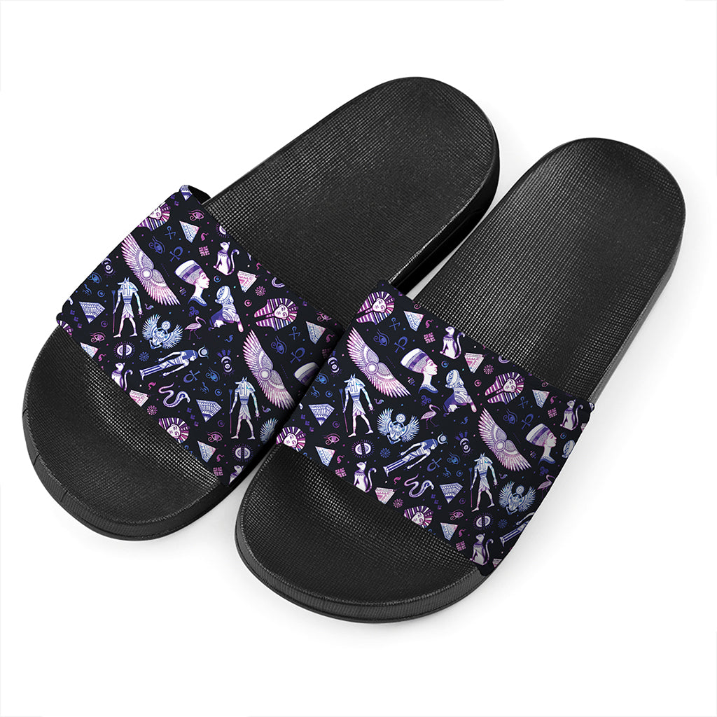 Egyptian Tribal Symbols Print Black Slide Sandals