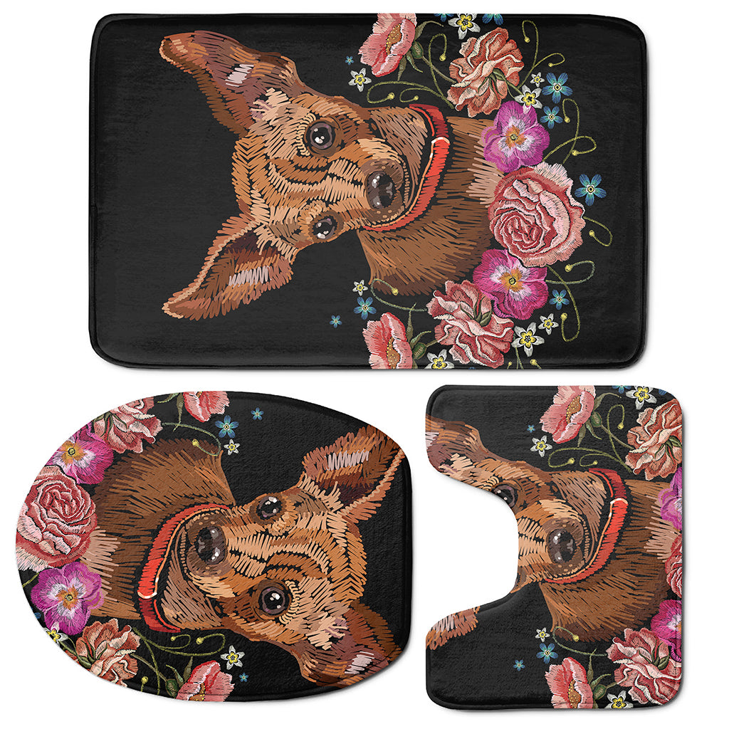 Embroidery Chihuahua And Flower Print 3 Piece Bath Mat Set