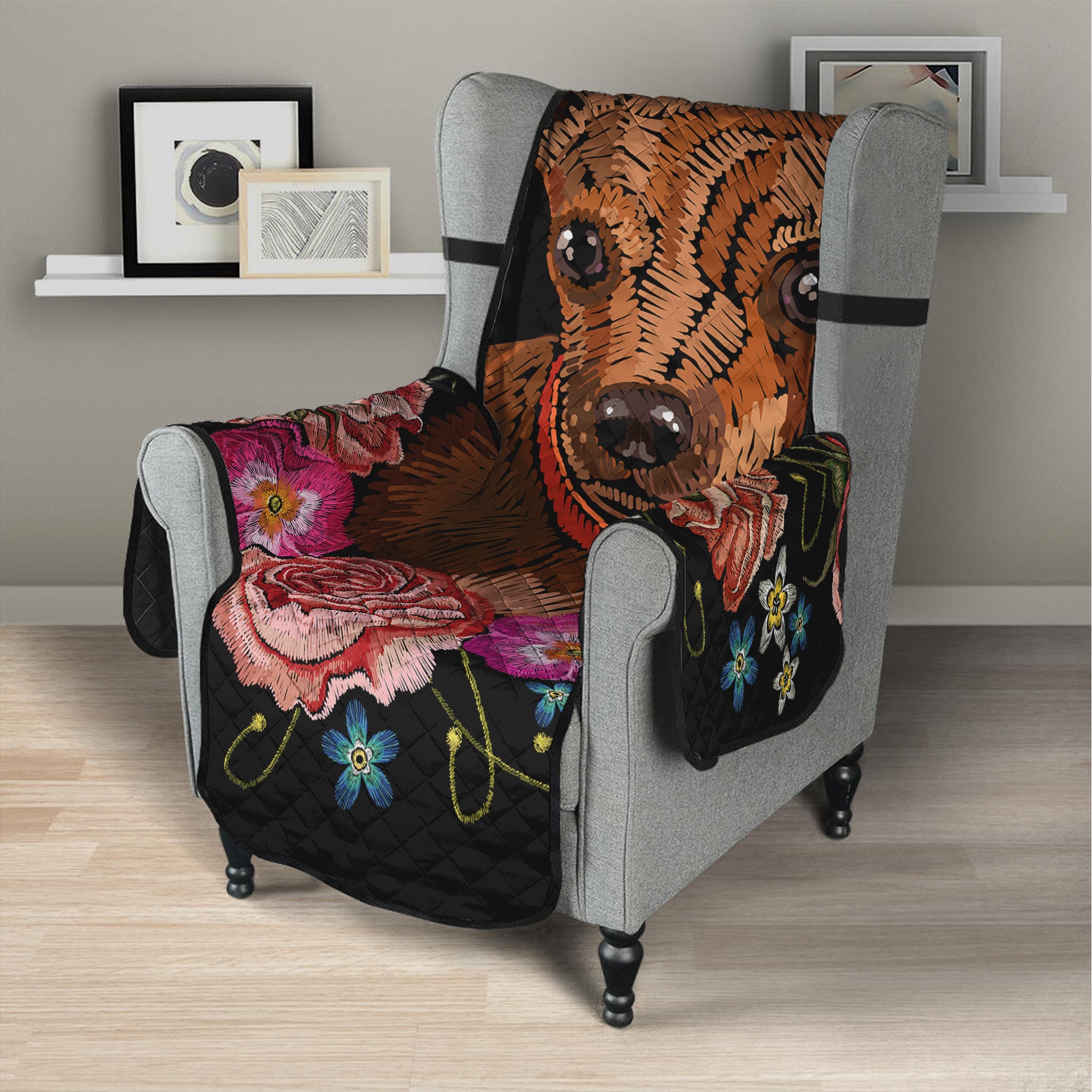 Embroidery Chihuahua And Flower Print Armchair Protector