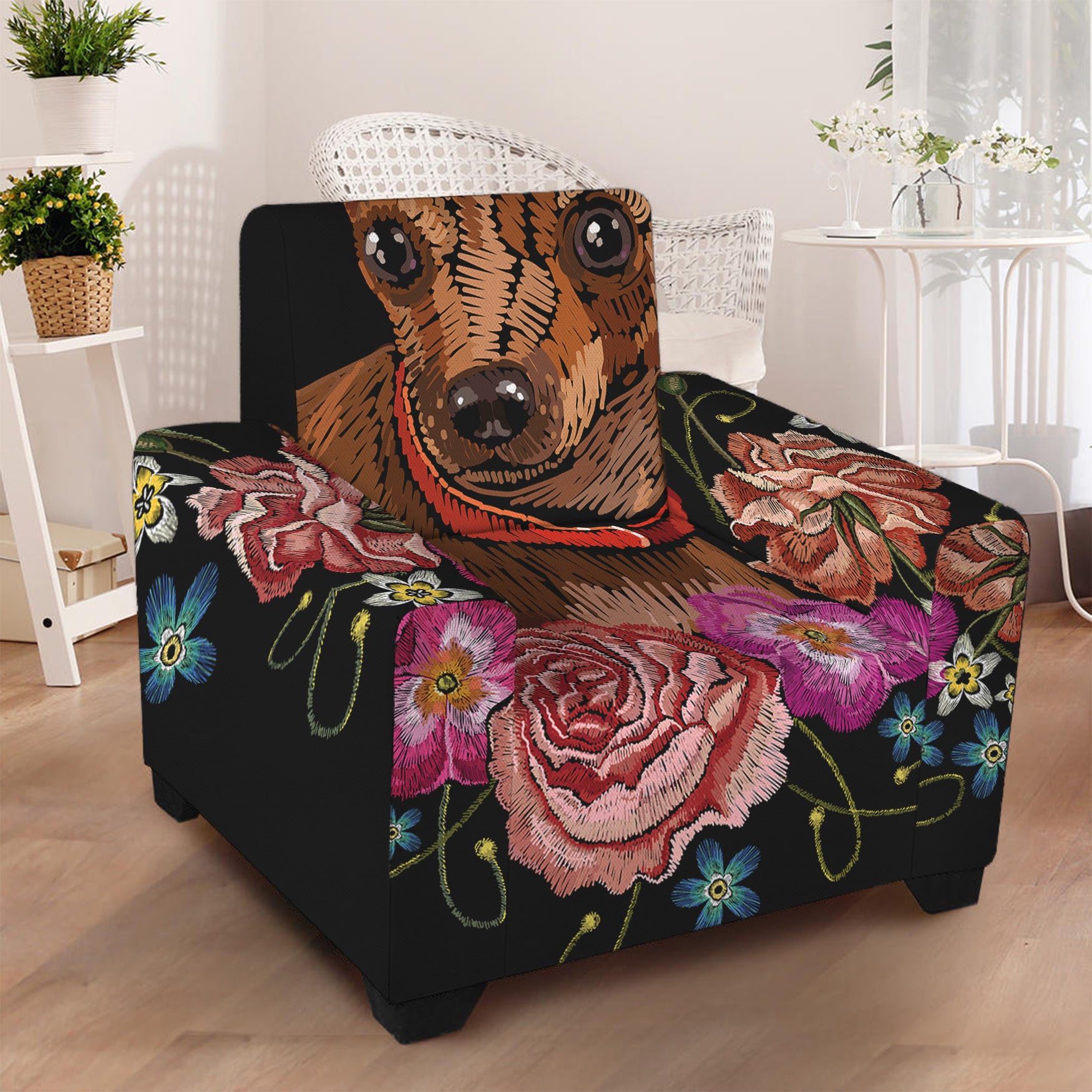 Embroidery Chihuahua And Flower Print Armchair Slipcover