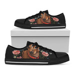 Embroidery Chihuahua And Flower Print Black Low Top Shoes 