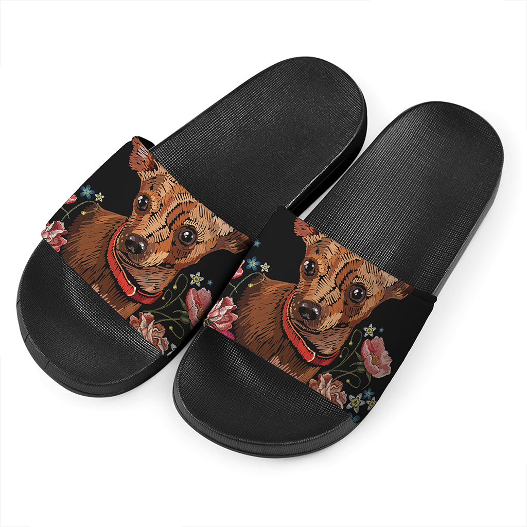 Embroidery Chihuahua And Flower Print Black Slide Sandals