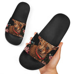 Embroidery Chihuahua And Flower Print Black Slide Sandals