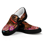 Embroidery Chihuahua And Flower Print Black Slip On Sneakers