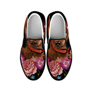 Embroidery Chihuahua And Flower Print Black Slip On Shoes