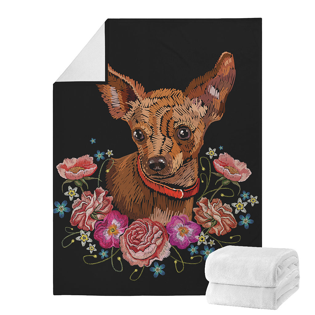 Embroidery Chihuahua And Flower Print Blanket