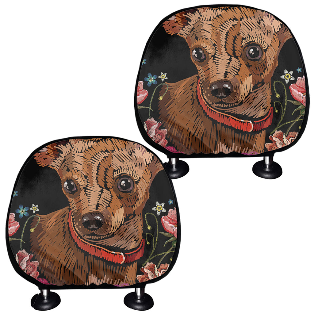 Embroidery Chihuahua And Flower Print Car Headrest Covers