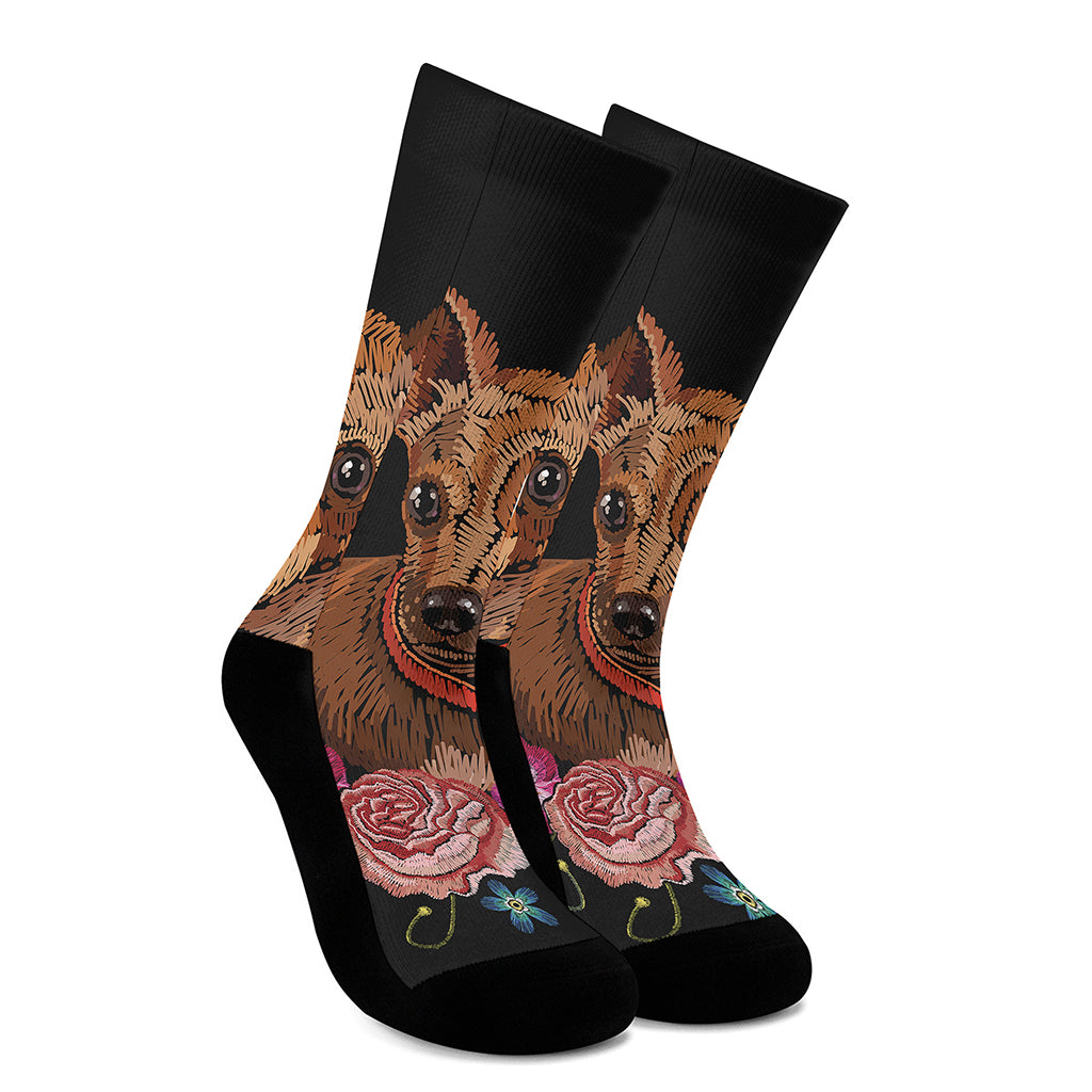 Embroidery Chihuahua And Flower Print Crew Socks