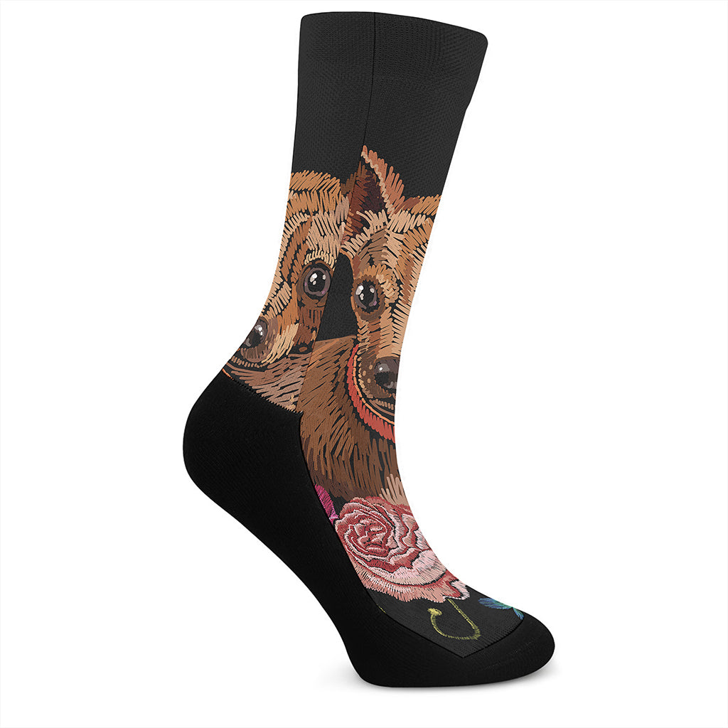 Embroidery Chihuahua And Flower Print Crew Socks