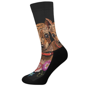 Embroidery Chihuahua And Flower Print Crew Socks