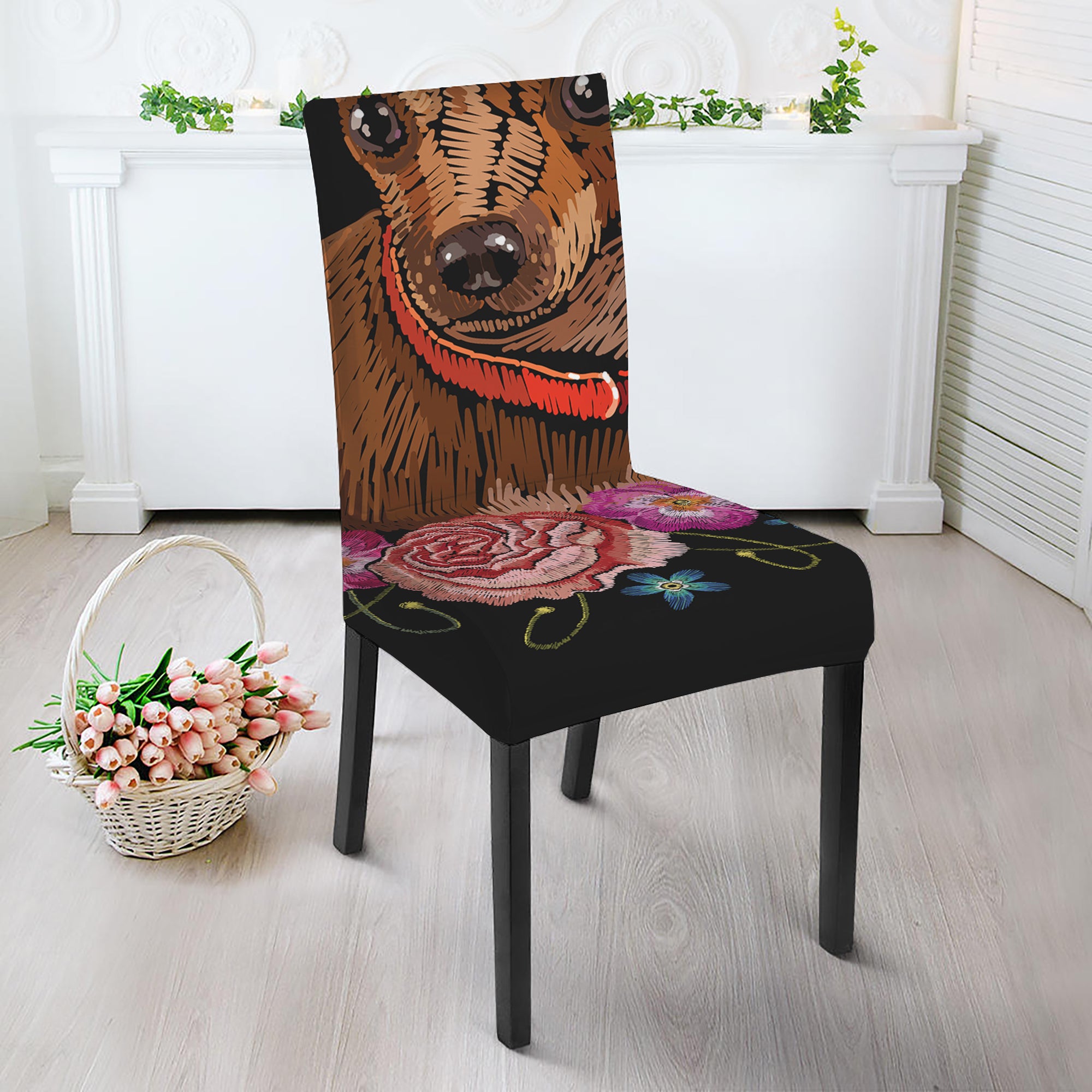 Embroidery Chihuahua And Flower Print Dining Chair Slipcover