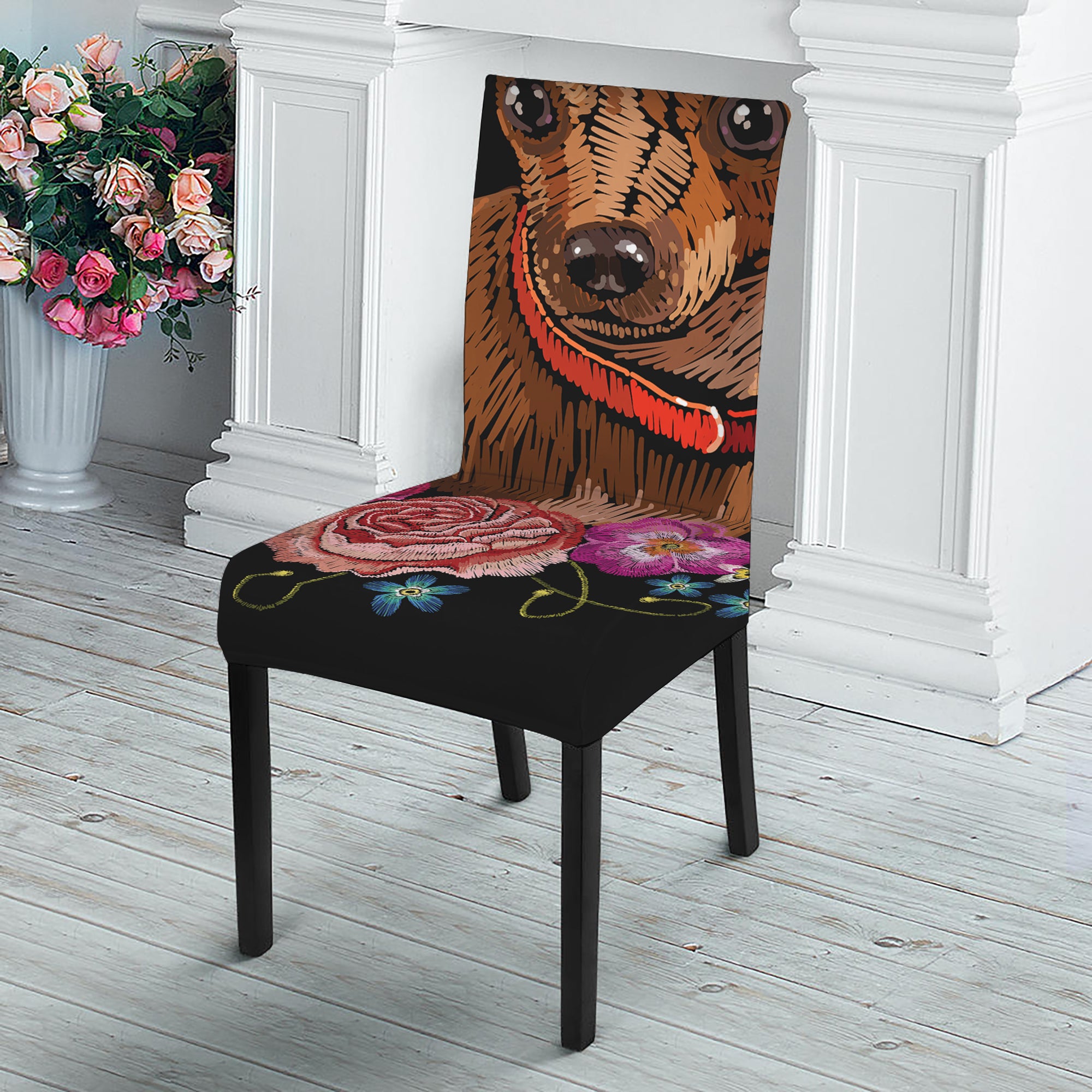 Embroidery Chihuahua And Flower Print Dining Chair Slipcover