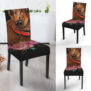 Embroidery Chihuahua And Flower Print Dining Chair Slipcover