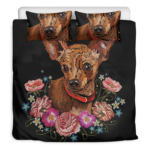 Embroidery Chihuahua And Flower Print Duvet Cover Bedding Set