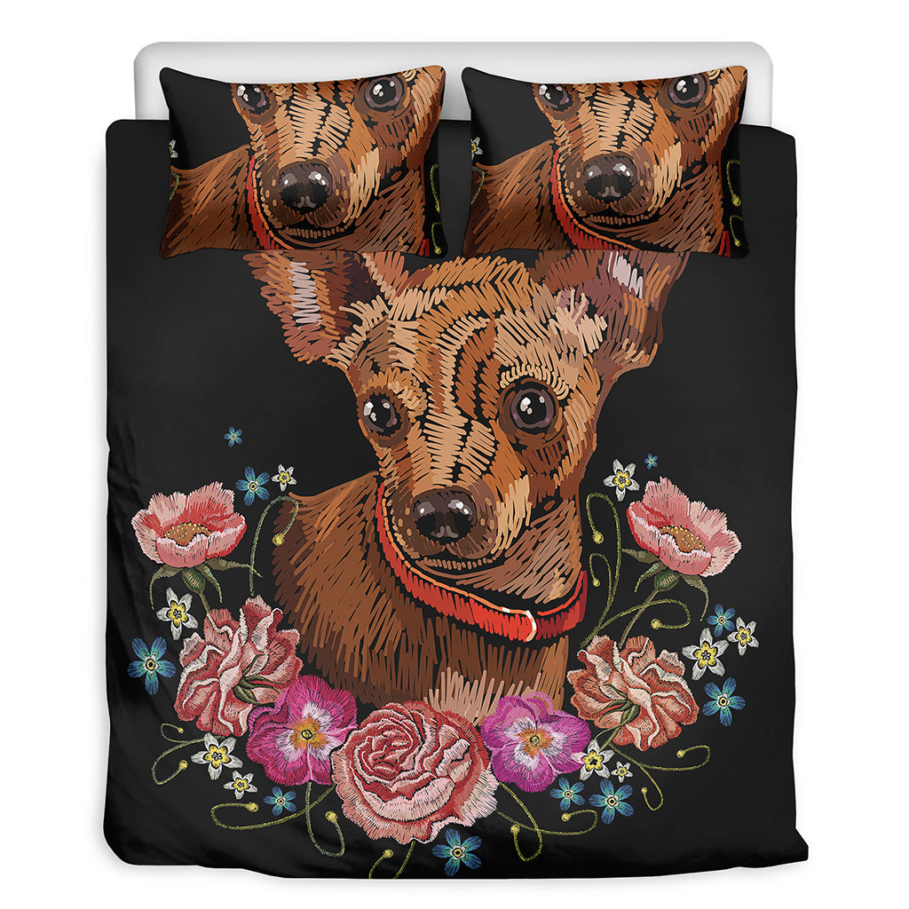 Embroidery Chihuahua And Flower Print Duvet Cover Bedding Set