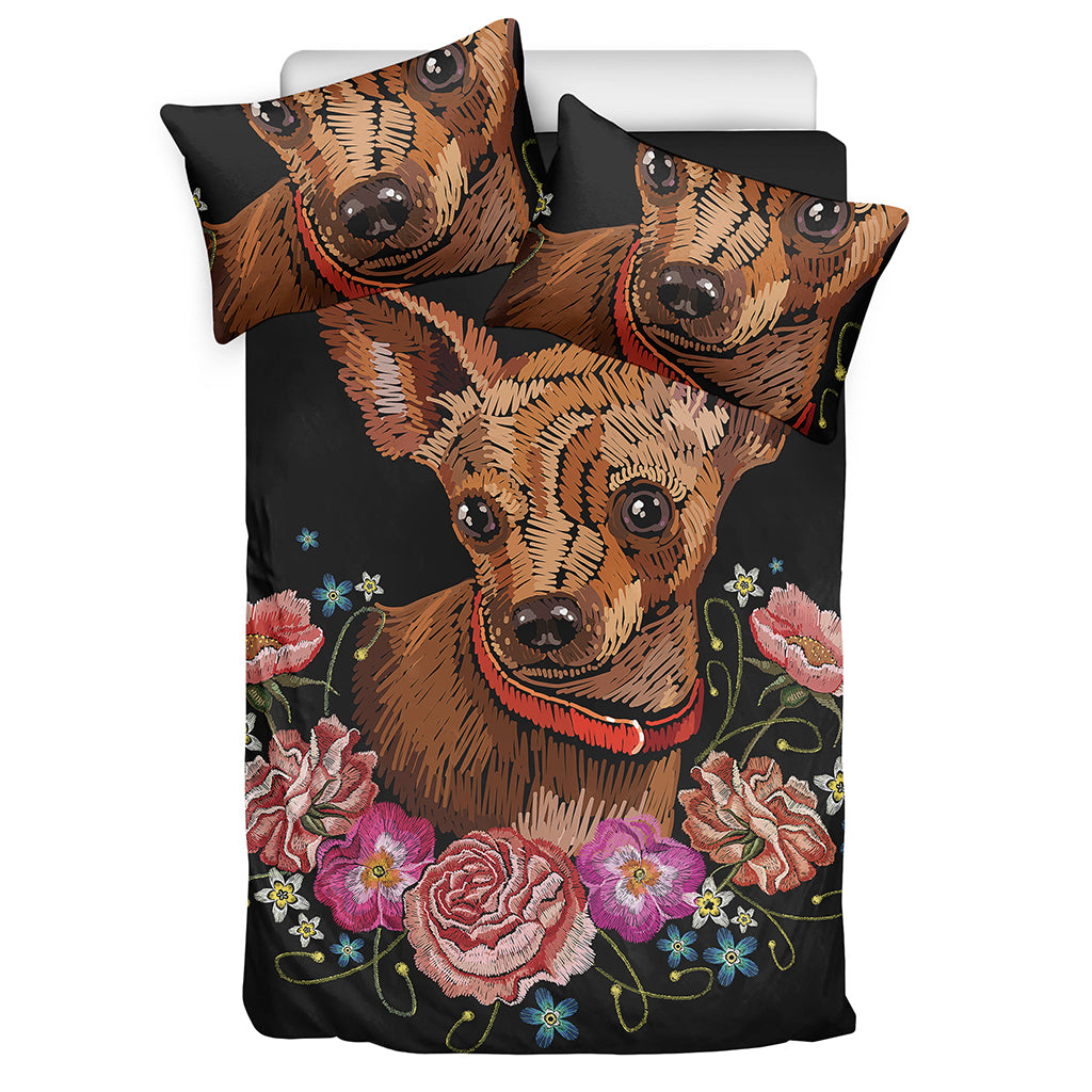 Embroidery Chihuahua And Flower Print Duvet Cover Bedding Set