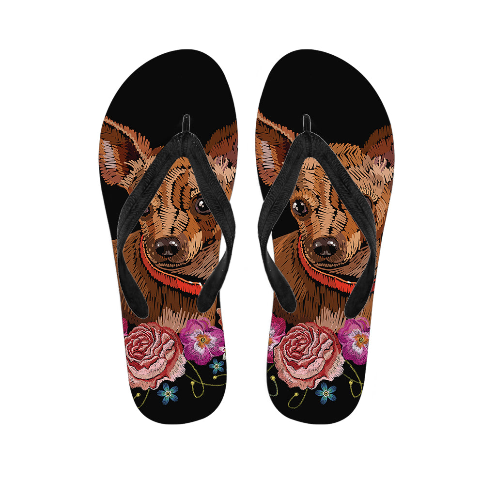 Embroidery Chihuahua And Flower Print Flip Flops