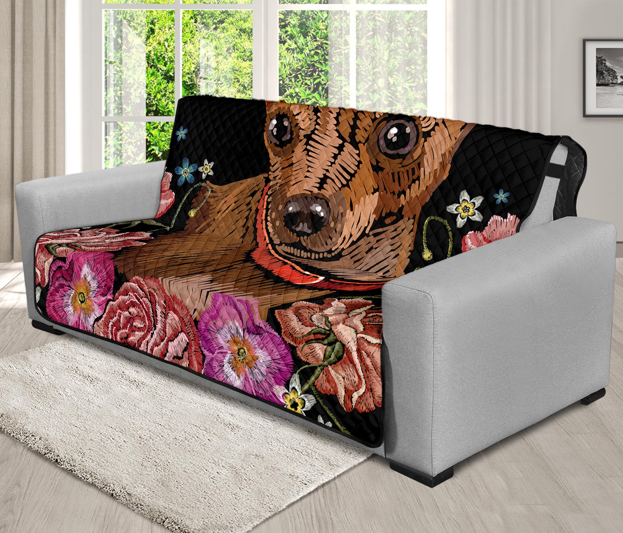 Embroidery Chihuahua And Flower Print Futon Protector